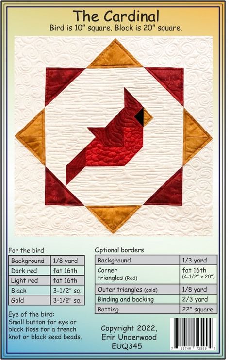 Erin Underwood Quilts Cardinal Quilt Pattern, Cardinal Quilt Block Pattern Free, Cardinal Quilt Block Pattern, Cardinal Quilts, Cardinal Barn Quilt, Cardinal Quilt, Cardinal Pattern, Printed Paper Pattern, Bird Quilts