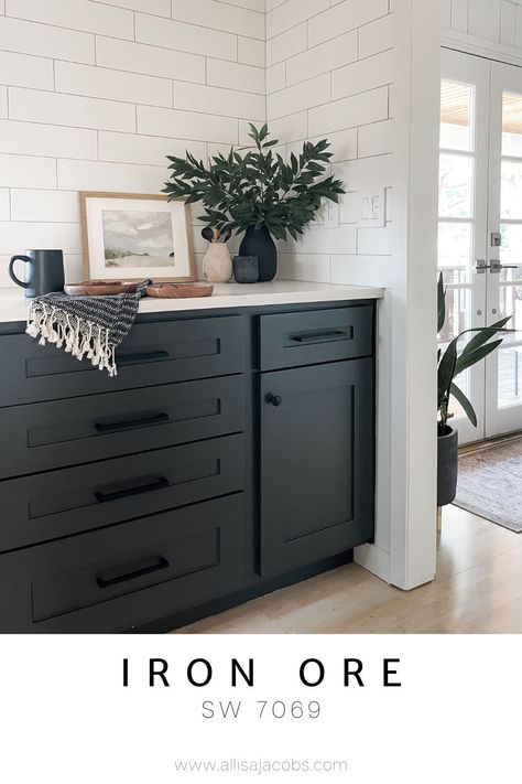 Iron Ore Vs Tricorn Black, Allisa Jacobs, Tricorn Black, Best Neutral Paint Colors, Black Paint Color, Painted Cabinets, Dream Property, Black Kitchen Cabinets, Kitchen Remodel Before And After