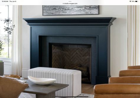 Dark Blue Fireplace, Navy Blue Fireplace, Dark Mantle, Blue Mantle, Blue Fireplace, Aunt Flo, House Dream, Faux Fireplace, Home Fireplace