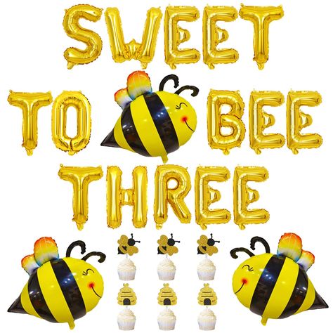 PRICES MAY VARY. 🐝SWEET TO BEE 3rd BIRTHDAY PARTY SET: This Sweet To Bee set includes 1 Sweet To Bee Three letter foil balloon 16inch, 3 Bee foil balloons 27.1*27.9inch, 3 Little Bee pattern Glitter Cupcake toppers 1.8inch, 3 honeycomb pattern Glitter Cupcake toppers 2.4inch, and we will also give you some assembly tools to help you create a perfect Sweet To Bee 3rd birthday party. 🐝CUTE YELLOW BEE DECOR: No one can resist cute bee! Our balloons have cartoonized insect bees, with chubby bodies Sweet To Bee Three, 3rd Birthday Party Decorations, 1st Birthday Decorations Boy, Bee Theme Party, Big Bee, Star Birthday Party, Bee Birthday Party, Boy Birthday Decorations, 3rd Birthday Party