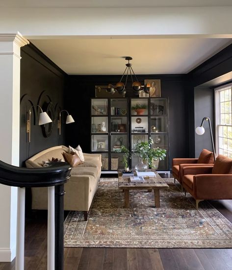 Living Room Decor For Dark Rooms, Black In Living Room, Dark Accent Living Room, Dark Parlor Room Ideas, Furnish Small Living Room, Dark Country Living Room, Living Room Design Dark Floors, Black Paint Living Room Walls, Dark Walls Dark Floors