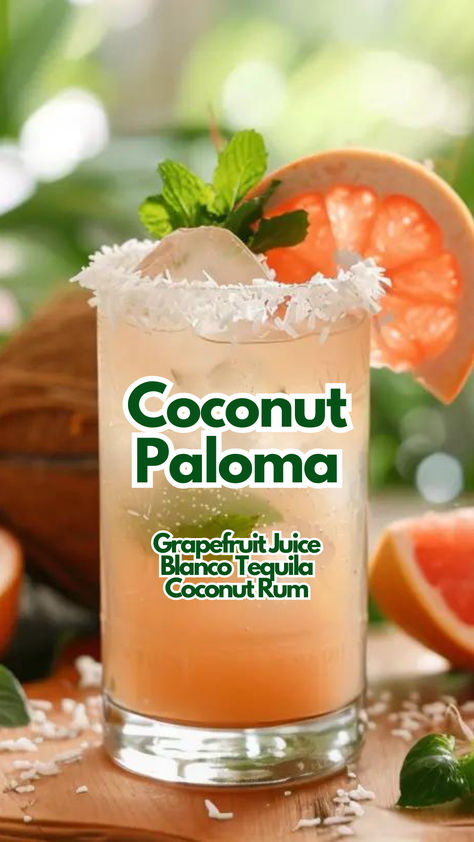 Coconut Paloma Mexican Paloma Cocktail Tequila, Clear Liquor Mixed Drinks, Toasted Coconut Rum Drinks, Paloma Cocktail Tequila Recipe, Paloma Variations, Coconut Rum Drinks Recipes, Coconut Rum Cocktails, Coconut Tequila, Paloma Cocktail