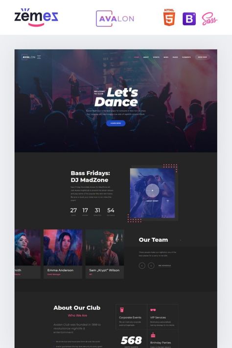 Avalon - Night Club Responsive Website Template Corporate Event Ideas, About Us Page Design, Corporate Event Design, Footer Design, Event Website, Responsive Website Template, Website Redesign, Club Night, Responsive Website