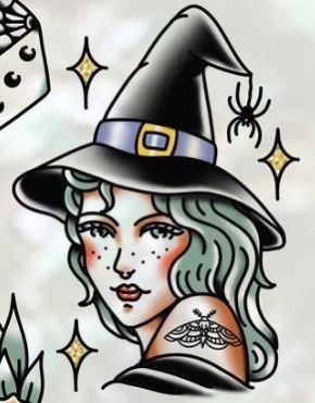 Traditional Style Witch Tattoo, Traditional Witch Hat Tattoo, Witch Head Tattoo, American Traditional Witch Tattoo, Witch Face Tattoo, Witch Tattoo Traditional, Traditional Tattoos Halloween, American Traditional Fairy Tattoo, Witchy Traditional Tattoo