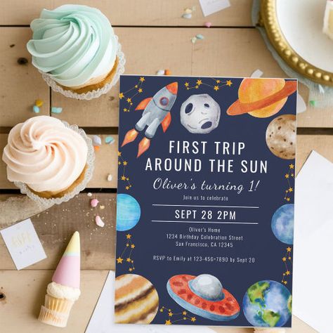 Space 1st Birthday Party, Planets Birthday, Planet Birthday, Birthday Watercolor, Sun Space, First Trip Around The Sun, 1st Birthday Party Invitations, 1st Birthday Invitation, World Party