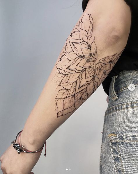 Lower Elbow Tattoo Women, Mandala Fine Line Tattoo, Geometric Flower Tattoo Sleeve, Mandala Elbow Tattoo Women, Above Elbow Tattoos, Elbow Flower Tattoos, Floral Elbow Tattoo, Back Of Elbow Tattoos For Women, Tattoo Ideas Elbow