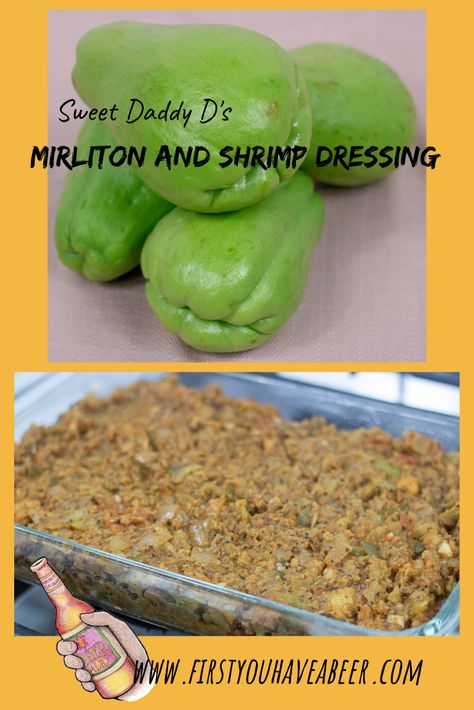 If South Louisiana was a vegetable, it would be a mirliton, also called chayote. Mirliton and Shrimp Dressing is a holiday staple in South Louisiana, combining the mild flavors of Mirliton, with Gulf Shrimp and Creole seasonings. The outcome is a delicious, homey Dressing, special enough for the holiday table but simple enough to enjoy anytime.     via @firstyouhaveabeer Shrimp And Mirliton Dressing, Seafood Stuffed Mirliton, Shrimp And Mirliton Casserole, Shrimp Dressing Thanksgiving, Militon Recipes, Stuffed Mirliton Recipes, Mirliton Recipes New Orleans, Mirliton Dressing, Mirliton Recipes