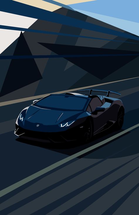 Portrait - An abstract geometrical background and foreground with stripes for speed. A black Lamborghini car drives along a straight, road reflecting the blue sky in its angular bodywork. Car Graphic Design Illustration, Lamborghini Illustration, Lamborghini Art, Animated Car, Lamborghini Poster, Retro Car Poster, Automotive Poster, Car Care Kit, Cool Truck Accessories