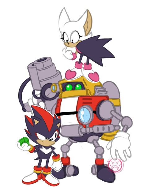 Shadow, Rouge and Omega in the Sonic Mania style. I seriously love this picture. Team Dark Fanart, Shadow And Rouge, Team Dark, Sonic Mania, Hedgehog Movie, Rouge The Bat, Classic Sonic, Sonic Heroes, Silver The Hedgehog