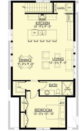 Modern Farmhouse garage with apartment  above gives you 1,066 square feet of parking on the ground level, with an optionally finished second floor with 875 square feet of living space in the 1-bedroom ADU apartment layout. Park two cars - or four if you park tandem style - behind the two overhead garage doors. With no obstructions to worry about, there's a lot of space to use as you see fit. The kitchen is located by the top of the stairs and has an island with double sink and dishwash Small Garage Apartment Ideas, Adu Over Garage Plans, Adu With Loft, Garage Apartment Layout, Apartment Above Shop, Above Garage Apartment Interior, Adu Apartment, Adu Homes, Modern Farmhouse Garage