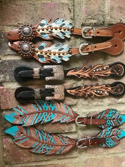 Barrel Racing Tack Sets, Western Spurs, Barrel Racing Tack Rodeo, Leather Spur Straps, Feather Arrow, Western Spurs Straps, Custom Leather Work, Shop For Clothes, Leather Working Patterns