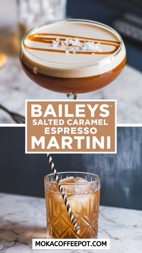 Indulge in a creamy, luxurious Baileys Salted Caramel Espresso Martini. The sweet caramel notes pair perfectly with rich espresso and smooth Baileys for a drink that’s irresistibly decadent. Drinks With Caramel Vodka, Baileys Salted Caramel, Salted Caramel Martini, Caramel Martini, Baileys Drinks, Bartender Drinks Recipes, Cranberry Thanksgiving, Thanksgiving Coffee, Baileys Recipes