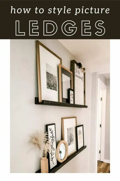 Picture ledge styling can be a challenge, but here are a few ways you can get started. Picture ledges work almost everywhere in a home, and they are the perfect option to add visual interest and display artwork and photos. Picture Ledge Diy, Picture Ledge Styling, Photo Ledge Display, Picture Shelf Wall, Diy Picture Ledge, Picture Ledge Shelves, Ledge Shelves, Ledge Decor, Hallway Pictures