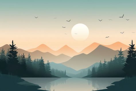 Vector Art Landscape, Tab Aesthetic, Mountain Landscape Illustration, Exterior Murals, Aesthetic Illustration, Mountain Landscape Painting, Mountain Silhouette, Landscape Mountain, Interior Design Sketches