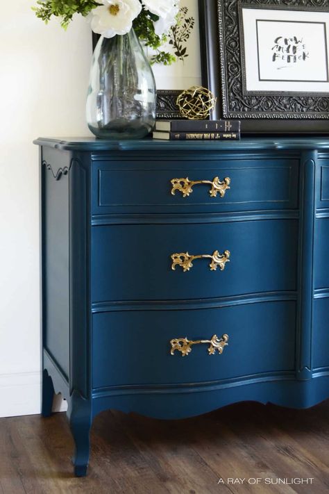 Painted French Provincial Furniture, Painted French Provincial Dresser, Provincial Dresser Makeover, French Provincial Dresser Makeover, Navy Blue Dresser, Vintage Bedroom Furniture, Provincial Dresser, Paint Dresser, Grey Bedroom Furniture