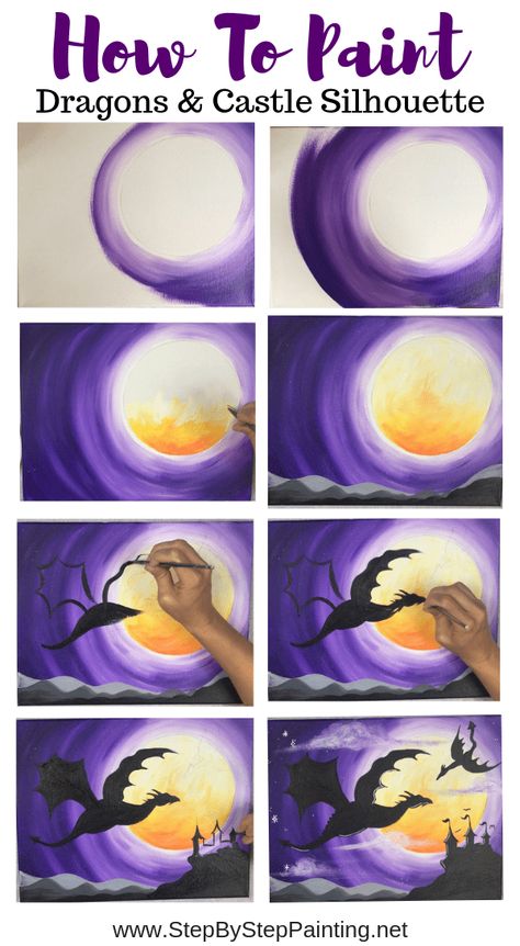 Dragon Canvas Painting Easy, Easy Beginner Painting Step By Step, Dragon Painting Acrylic Easy, Step By Step Painting For Beginners, Paint Dragon, Painting Tutorial Step By Step, Dragon Castle, Castle Silhouette, Silhouette Painting