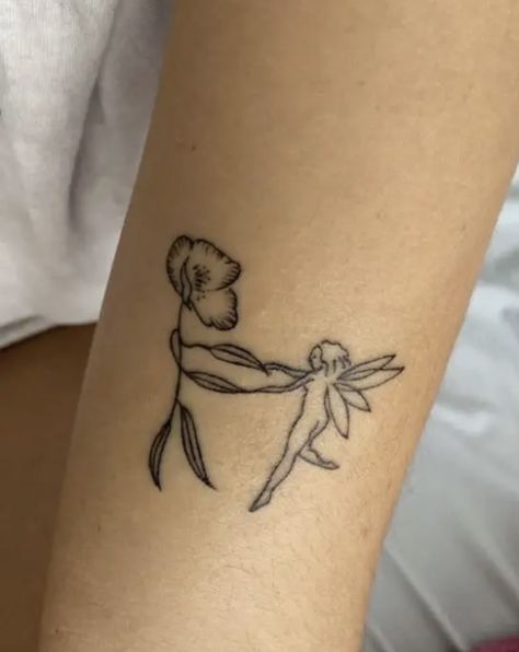 Dancing Flowers Tattoo, Thumbelina Tattoo, Dancing Flower Tattoo, Fairy Dancing, Piercing Inspo, Fairies Dancing, Flower Dance, Flower Tattoo Arm, Fairy Tattoo