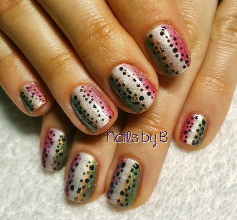 Rainbow Trout Nails  Nails by B, Eugene Oregon Fish Nail Designs, Rainbow Trout Nail Art, Fishing Lure Nail Art, Fishing Nail Art, Trout Nail Art, Fish Manicure, Fishing Lure Nails, Fish Nail Art Designs, Rainbow Trout Nails