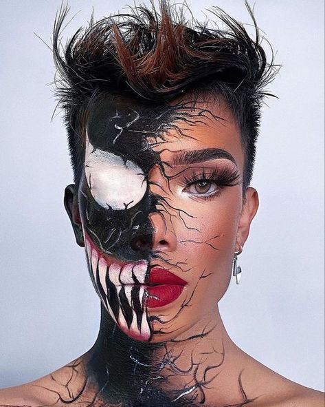 Venom Makeup Men, Easy Creepy Makeup, Scary Face Paint Horror Makeup, Theatrical Makeup Ideas, Halloween Makeup Hard, Horror Movie Makeup Looks, Venom Makeup Halloween, Venom Makeup Female, Scream Make Up Looks