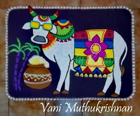 Mattu Pongal Kolam, 2023 Rangoli, Bhogi Muggulu, Diwali Card Making, Mattu Pongal, Sankranti Muggulu, Pongal Rangoli, Colour Rangoli, Art With Color