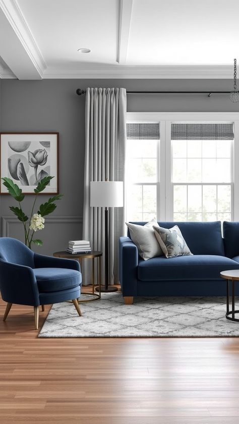 Living Room Ideas Blue and Grey Black White Gray Navy Living Room, Grey Living Room With Blue Accents, Grey And Navy Living Room, Blue And Grey Combination, Navy And Grey Living Room, Living Room Ideas Blue, Grey And Blue Living Room, Navy Blue And Grey Living Room, Navy Living Room