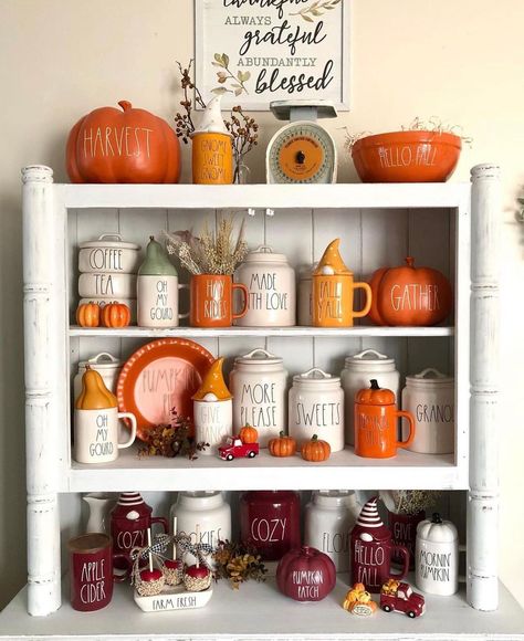 Rae Dunn Group Page on Instagram: “Hello Autumn challenge winner @retailtherapy_farmhousestyle . Such a beautiful display for fall. Beautiful hutch for this Sunday’s tour. Go…” Autumn Challenge, Sweet Coffee, Autumn Coffee, Farm Fresh, Hello Autumn, Hutch, Gourds, Fall Pumpkins, Cider