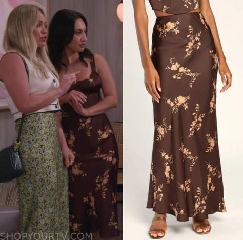 Brown Floral Dress Outfit, Valentina How I Met Your Father, Floral Silk Skirt Outfit, Valentina How I Met Your Father Outfits, Floral Satin Skirt Outfit, Brown Floral Skirt Outfit, How I Met Your Father Outfits Valentina, How I Met Your Father, How I Met Your Father Outfits