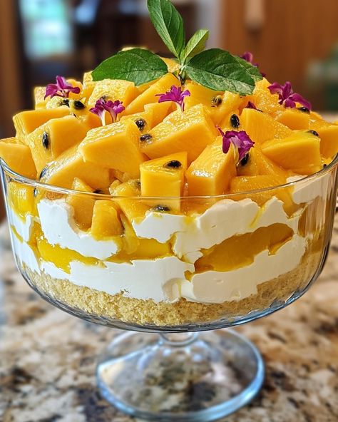 "What a delightful treat this Mango Passion Fruit Trifle is! Every layer brings a burst of flavor that brightens up any gathering. Perfect for summer!   Ingredients: - Fresh mango, diced - Passion fruit pulp - Whipped cream  For more details like cake or cookie layers, check the link in the first comment [👇] [👇]  This sweet layered delight is a total crowd-pleaser and can jazz up any party! 🌞🍰   #MangoTrifle #PassionFruit #DessertLovers #SummerTreats #EasyRecipes" Passion Fruit Trifle, Mango Trifle, Passionfruit Cake, Summer Ingredients, Fruit Trifle, Mango Passionfruit, Dessert Shop, Crowd Pleaser, Summer Treats