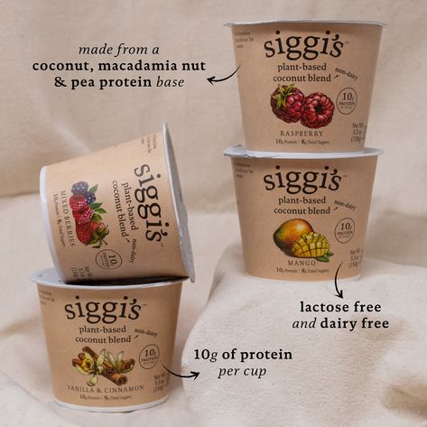 siggi's new plant-based blends have 10g of protein per serving, for a great non-dairy alternative that will keep you full! find them nearest you: Plant Based Yogurt, Food Package, Healthy Yogurt, Dairy Alternatives, Ingredient List, Pea Protein, Free Plants, Macadamia Nuts, Lactose Free