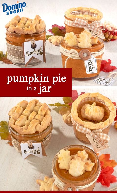 This pumpkin pie in a jar recipe is a cute, rustic DIY twist on the fall favorite makes for a delicious Thanksgiving party favor! Top with lattice or twisted pie crusts for a classic look, or try out leaf- and pumpkin-shaped crust cutouts for an extra festive touch. Pumpkin Pie In A Jar, Mason Jar Baking, Mason Jar Pies, Pumpkin Shaped Cookies, Pie In A Jar, Winter Entertaining, Mason Jar Desserts, Fall Goodies, Fall Pies