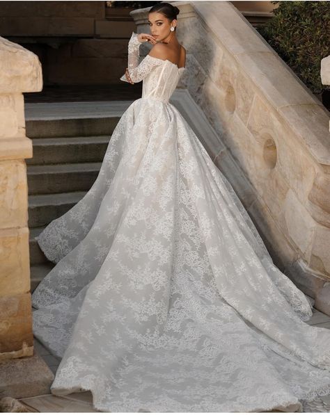 Royal Looking Wedding Dresses, Opulent Wedding Dress, Poofy Long Sleeve Wedding Dress, Cathedral Lace Wedding Dress, Wedding Dresses Castle, Dolce Wedding Dress, Long Sleeve Cathedral Wedding Dress, Big Lace Wedding Dress, Big Italian Wedding Dress