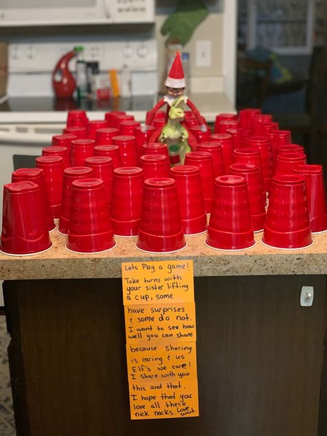 Elf Solo Cup, Elf On The Shelf Cups, Elf Cup Game, Elf On The Shelf Cup Game, Elf On The Shelf Solo Cups, Elf Games For Kids, Elf Shelf Arrival, Elf Ideas Easy Funny, Elf 2023