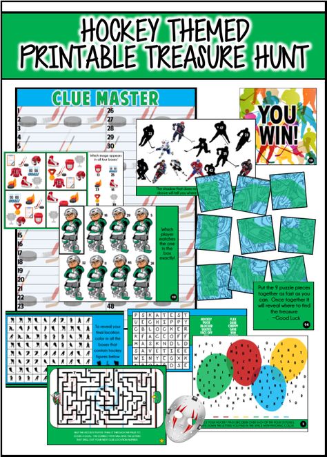 hockey-treasure-hunt-game Hockey Scavenger Hunt, Hockey Themed Party Games, Hockey Party Games, Punch Out Game, Hockey Camp, Hockey Tournament, Hockey Arena, Treasure Hunt Games, Hockey Party