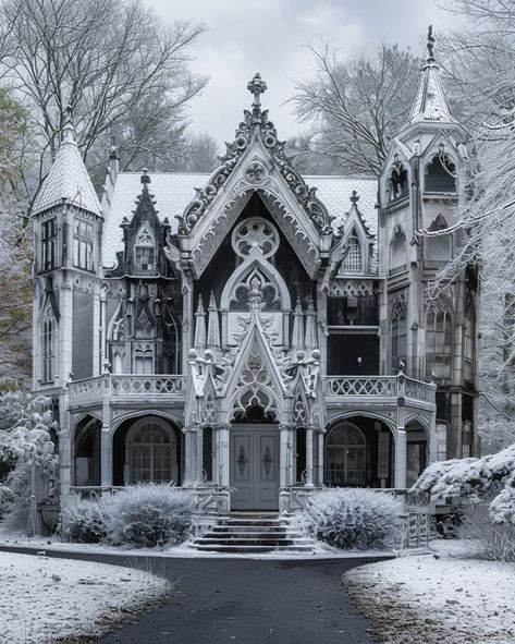 The image is in black and white. It is a large, two-story house with a steeply pitched roof ->> more details in ai-img-gen.com White Gothic House, White Gothic Aesthetic, Gothic Modern House, House In A Forest, Large Front Door, Gothic Revival House, White Mansion, Goth Houses, Gothic Mansion