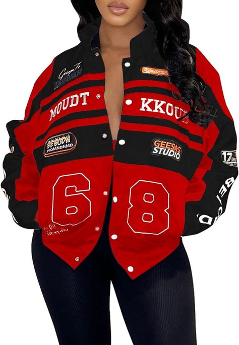 PRICES MAY VARY. Fabric: This jacket is made of high-quality polyester fabric, which is not only comfortable but also durable. Design: Vintage monogrammed, detachable long-sleeved body-top with a zipper in the middle and a detachable bottom. Features two side pockets, elastic waist, oversize, standing collar. Casual racing and Letterman designs, stylish baseball jackets, stylish driving jackets for street wear. Peculiarity: Racer light jackets for women can be worn as cropped top and mini skirt. Vintage Racing Jacket, Racer Jackets, Graphic Jackets, Varsity Jacket Women, Women Motorcycle, Biker Coat, Jackets Casual, Racer Jacket, Womens Jackets Casual