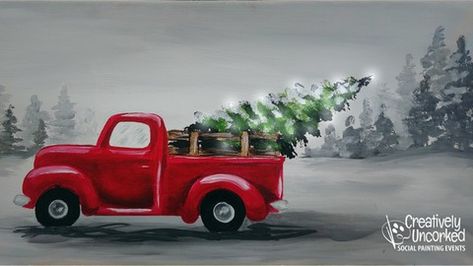 Paint a Christmas classic that all households should have! Starting with acrylic paint on canvas, then adding lights. #Ad , Old Red Truck, Truck With Christmas Tree, Wood Decorations, Tree Watercolor Painting, Christmas Red Truck, Vintage Red Truck, Christmas Tree Truck, Christmas Paintings On Canvas, Truck Paint