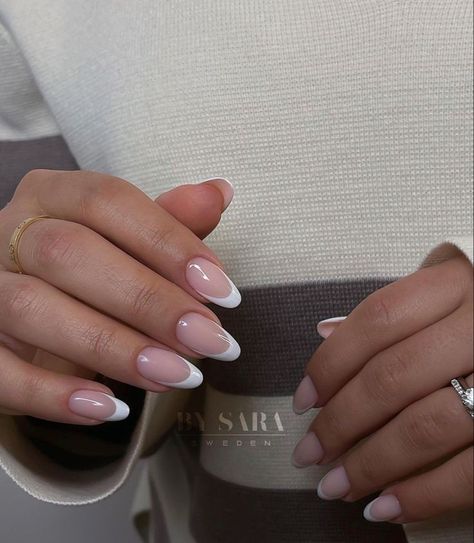 Dip Powder French Tip Almond, Almond Shape French Tip, Nails For May, Milky Pink Nails, Grad Nails, French Manicure Nails, Formal Nails, French Tip Acrylic Nails, French Acrylic Nails