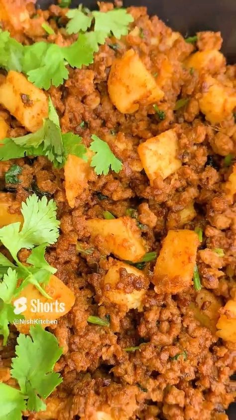 KEEMA ALOO | MINCED MEAT WITH POTATOES. Meat With Potatoes, Keema Aloo, Minced Meat, Cilantro, Meat