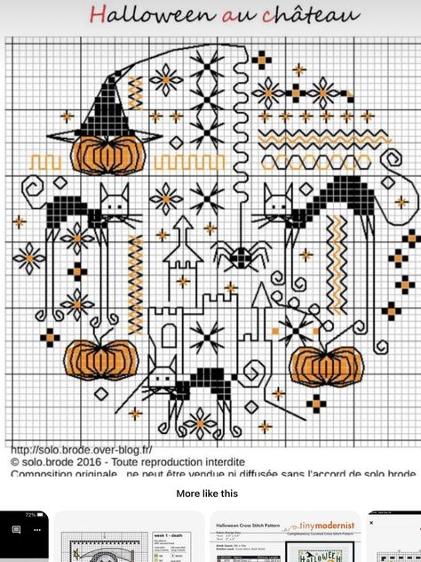 Halloween Trio, Halloween Cross Stitch Charts, Patterns Halloween, Blackwork Cross Stitch, Fall Cross Stitch, Graph Patterns, Stitch Halloween, Blackwork Patterns, Halloween Cross Stitch Patterns