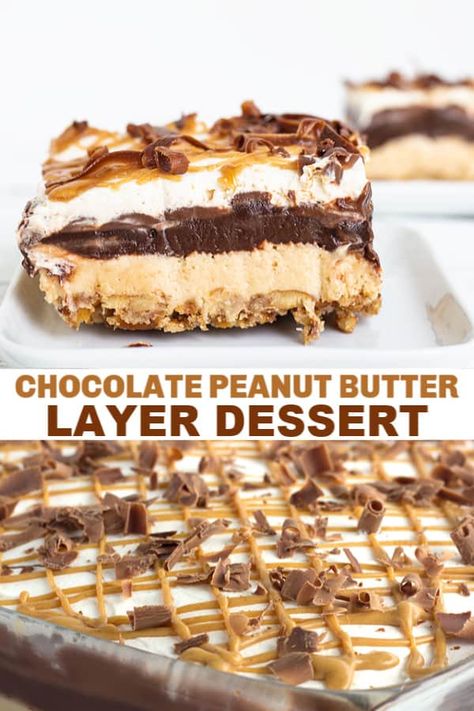 Chocolate Peanut Butter Layer Dessert - Love peanut butter desserts? This rich chocolate peanut butter layer dessert recipe will do the trick. It has a buttery pretzel crust, peanut butter cheesecake mousse, chocolate pudding, hot fudge, whipped cream and a peanut butter drizzle! #chocolatepeanutbutter #cookiedoughandovenmitt Layered Dessert Recipes, Peanut Butter Drizzle, Layer Dessert, Hot Fudge Topping, Peanut Butter Dessert Recipes, Butter Desserts, Chocolate Peanut Butter Desserts, Dessert Oreo, Easy Dessert Recipes Quick