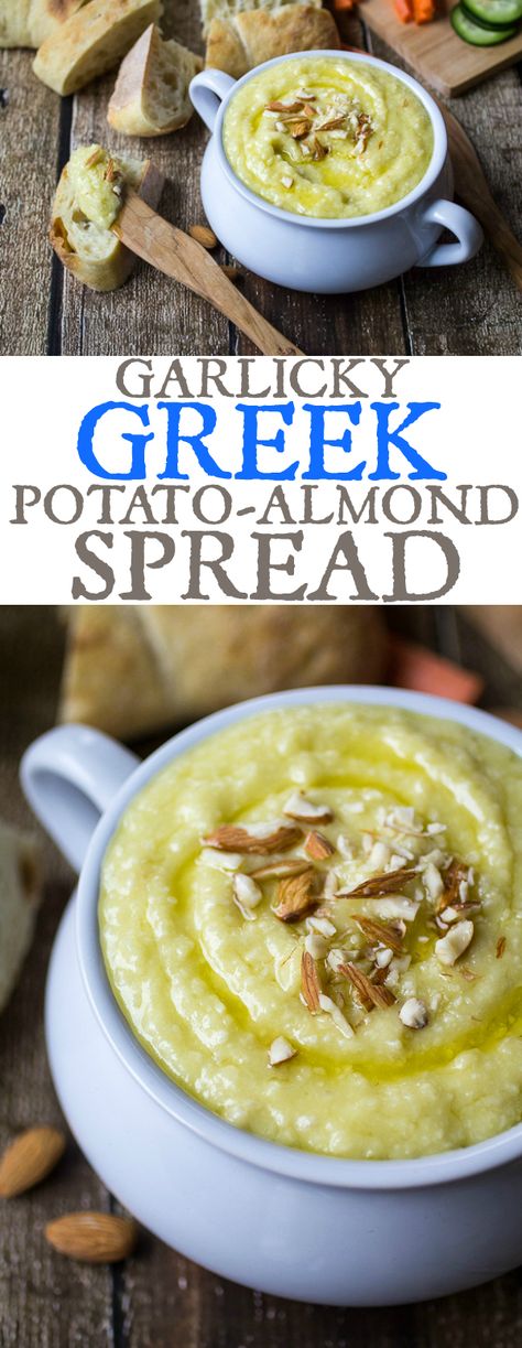 Creamy potato, nutty almonds, and zesty garlic make up this classic Greek meze. Whether enjoyed as a dip or a spread, Potato Skordalia is an addictive snack! Skordalia Recipe, Almond Dip, Greek Meze, Greek Potatoes, Food Stamps, Greek Dishes, Creamy Potato, Greek Recipes, Sweet Savory