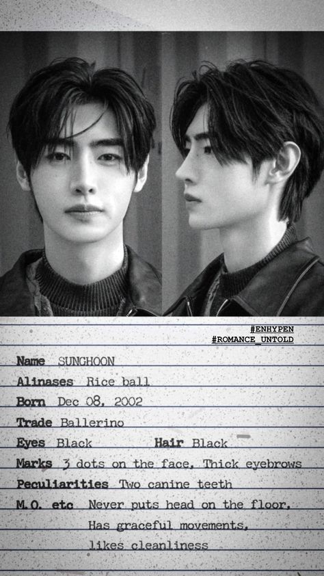 Enhypen Official, Canine Tooth, Thick Eyebrows, Rice Balls, The Boy Is Mine, Sung Hoon, Kpop Guys, Mug Shots, Eye Black