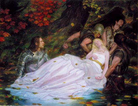 The Lady of Shalott.  The complete poem by Alfred Lord Tennyson is on this site.  (Painting by Donato Giancola) Donato Giancola, Lady Of Shalott, The Lady Of Shalott, Pre Raphaelite Art, Dante Gabriel Rossetti, John Everett Millais, Pre Raphaelite, Fairytale Art, Arte Fantasy