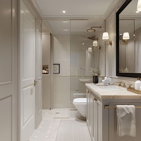 Classic Toilet Design, Bathroom Classic Luxury, Modern Classic Bathroom Design, Master Bathrooms Luxury, Modern Classic Bathroom, Transitional Style Bathroom, Classical Bathroom, Transitional Bathroom Design, Neutral Bathroom Decor