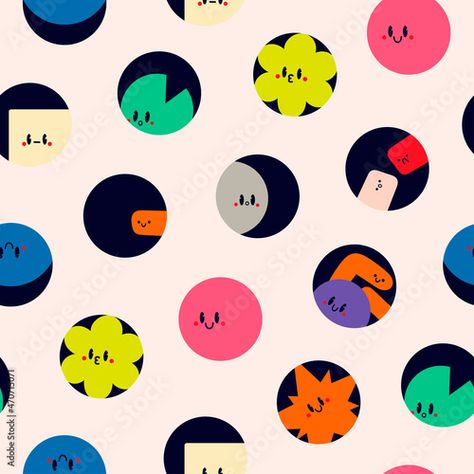 Stock Image: Round abstract Icons. Funny comic Faces with various Emotions in circles. Various abstract creatures. Different colorful characters. Cartoon style. Flat design. Hand drawn Vector seamless Pattern