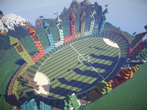 Quidditch pitch - the universe of Harry Potter! Minecraft Project Hogwarts Minecraft, Minecraft Kale, Minecraft Blueprint, Harry Potter Minecraft, Minecraft Poster, Villa Minecraft, Quidditch Pitch, Mobs Minecraft, Memes Minecraft