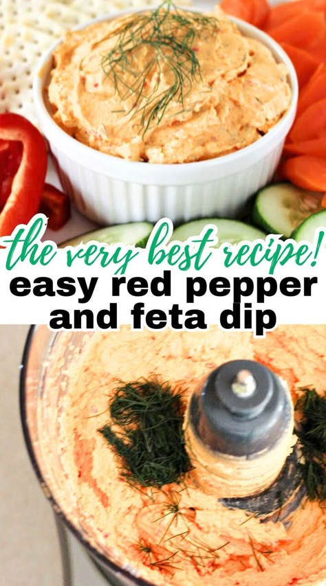 Two images of Easy Red Pepper and Feta Cheese Dip one in a serving bowl garnished with fresh dill with crackers and veggies and the other in a food processor getting ready to combine with a text overlay that says, "the very best recipe! Easy Red Pepper and Feta Dip" Feta Cream Cheese Dip, Peppers Cream Cheese, Slow Cooker Dip Recipes, Healthy Guacamole, Feta Cheese Dip, Cheesy Bacon Dip, Party Chicken, Sliders Recipes, Raw Veggies