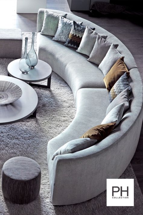 Light curves and a unique design come together in a casual, contemporary expression. Elegant design details enhance the overall expression and, combined with the plush comfort, make this sofa a place that will quickly become your favorite place to relax. Circle Sofa Living Room, Circle Sofas, Circle Living Room, Circular Living Room, Circular Couch, Curved Sofa Living Room, Circle Sofa, Sofa Round, Curved Couch