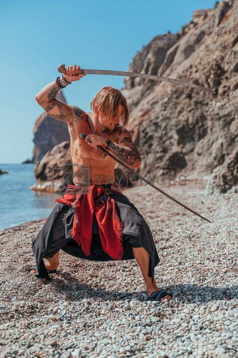 Man Holding Swords Reference Drawing, Bending Pose, The Sea Background, Dual Swords, Anime Night, Art Bases, Tattoo Man, Ancient Warrior, Sea Background