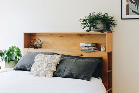 Al and Imo Custom Timber Furniture Bed With Bookshelf, Bed Linen Australia, Bookshelf Bed, Timber Beds, Bed Platform, Bed Linen Design, Timber Furniture, Linen Storage, Headboard Storage